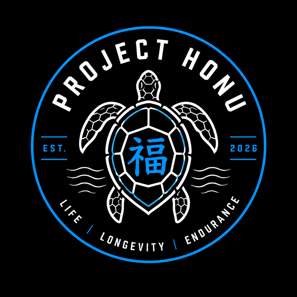 Project Honu — Hawaiian green sea turtle emblem, Est. 2026, Life, Longevity, Endurance